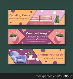 Banner template with luxury furniture concept design advertise and marketing watercolor vector illustration