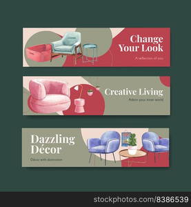 Banner template with luxury furniture concept design advertise and marketing watercolor vector illustration