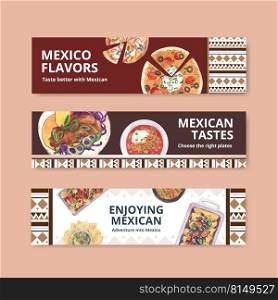 Banner template with Mexican food concept design watercolor illustration 