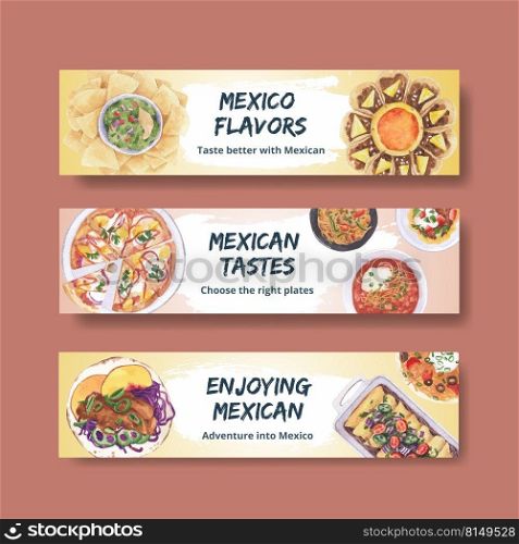 Banner template with Mexican food concept design watercolor illustration 