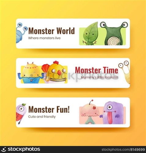 Banner template with monster concept design watercolor illustration 