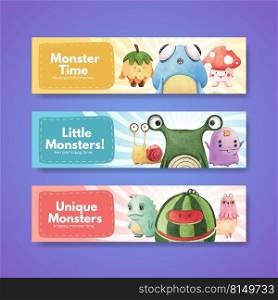 Banner template with monster concept design watercolor illustration 