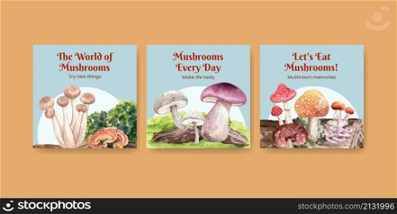 Banner template with mushroom and forest plants concept,watercolor style