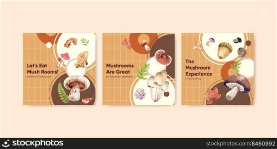 Banner template with mushroom and forest plants concept,watercolor style 