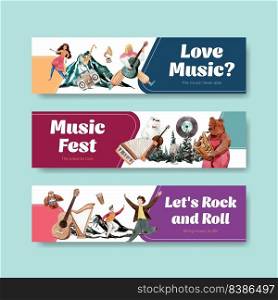 Banner template with music festival concept design for advertise and marketing watercolor vector illustration
