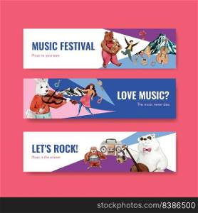 Banner template with music festival concept design for advertise and marketing watercolor vector illustration