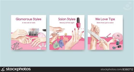 Banner template with nail salon concept,watercolor style  