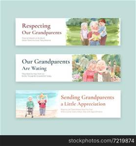 Banner template with national grandparents day concept design for brochure and leaflet watercolor vector.