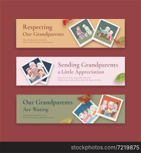 Banner template with national grandparents day concept design for brochure and leaflet watercolor vector.