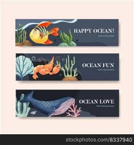 Banner template with ocean delighted concept,watercolor style
