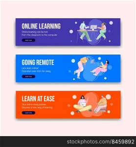 Banner template with online learning concept design for advertise and marketing watercolor illustration 
