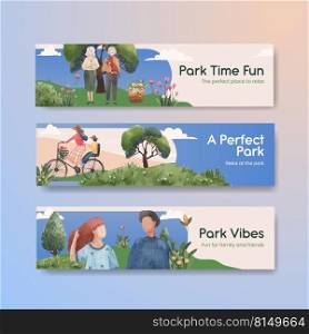 Banner template with park and family concept design for advertise watercolor illustration 