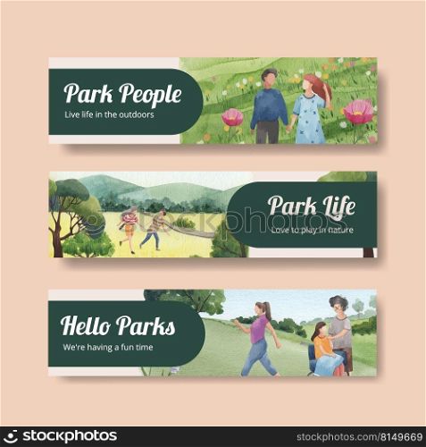 Banner template with park and family concept design for advertise watercolor illustration 