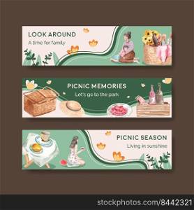 Banner template with picnic travel concept for advertise and marketing watercolor illustration 
