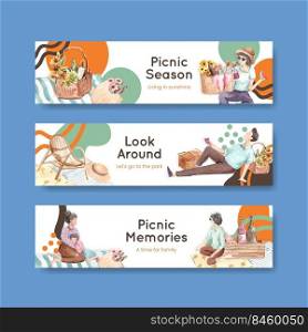 Banner template with picnic travel concept for advertise and marketing watercolor illustration 