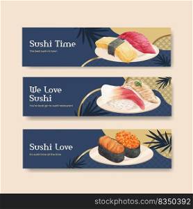 Banner template with premium sushi concept,watercolor style
