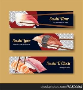 Banner template with premium sushi concept,watercolor style
