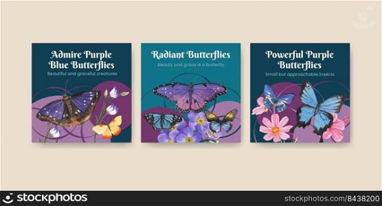Banner template with purple and blue butterfly concept,watercolor style 