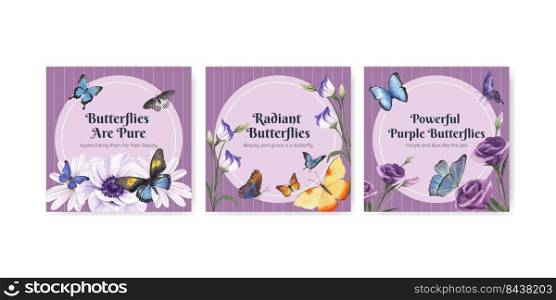 Banner template with purple and blue butterfly concept,watercolor style 