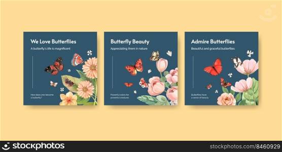 Banner template with red and orange butterfly concept,watercolor style 