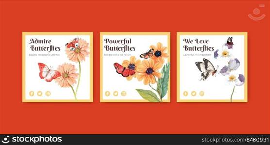 Banner template with red and orange butterfly concept,watercolor style 