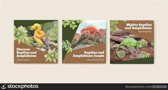 Banner template with reptiles and&hibians animal concept,watercolor style 