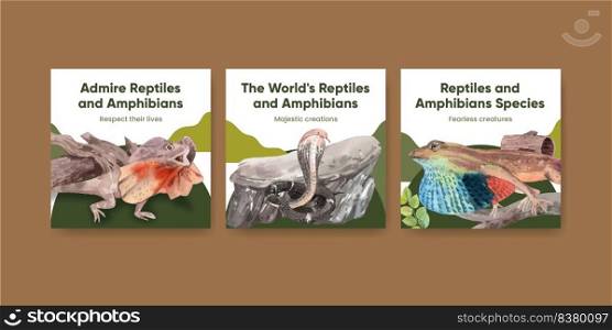 Banner template with reptiles and&hibians animal concept,watercolor style 
