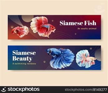 Banner template with Siames fighting fish concept design for advertise and marketing watercolor vector illustration 