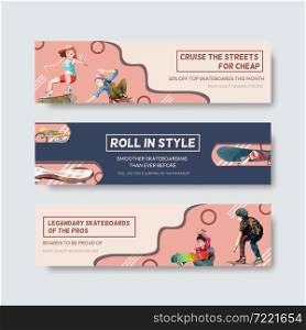 Banner template with skateboard design concept for advertise and brochure watercolor vector illustration.