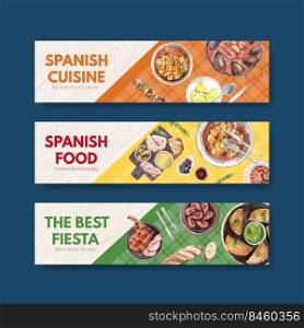 Banner template with Spain cuisine concept design for advertise and marketing watercolor illustration 
