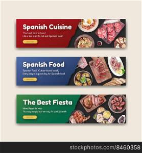 Banner template with Spain cuisine concept design for advertise and marketing watercolor illustration
