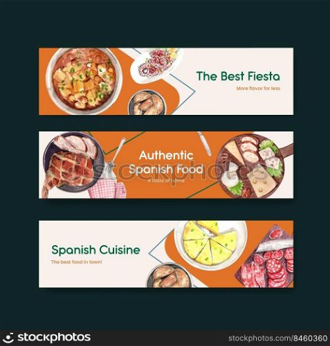 Banner template with Spain cuisine concept design for advertise and marketing watercolor illustration 