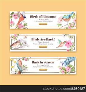 Banner template with spring and bird concept design for advertise and marketing watercolor illustration