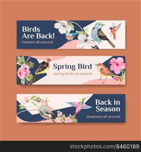 Banner template with spring and bird concept design for advertise and marketing watercolor illustration