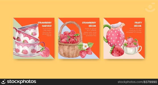 Banner template with strawberry harvest concept,watercolor style  