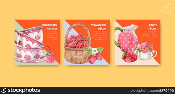 Banner template with strawberry harvest concept,watercolor style

