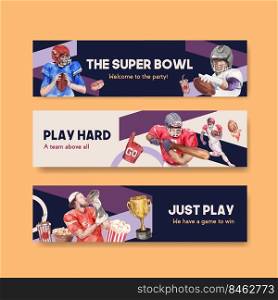 Banner template with super bowl sport concept design for advertise and marketing watercolor vector illustration. 