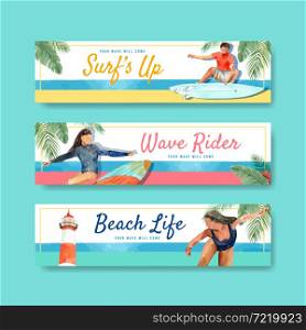 Banner template with surfboards at beach design for summer vacation tropical and relaxation watercolor vector illustration