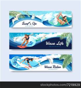 Banner template with surfboards at beach design for summer vacation tropical and relaxation watercolor vector illustration