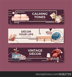 Banner template with terracotta decor concept design for advertise and marketing watercolor vector illustration 