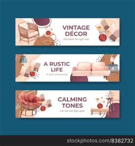 Banner template with terracotta decor concept design for advertise and marketing watercolor vector illustration 