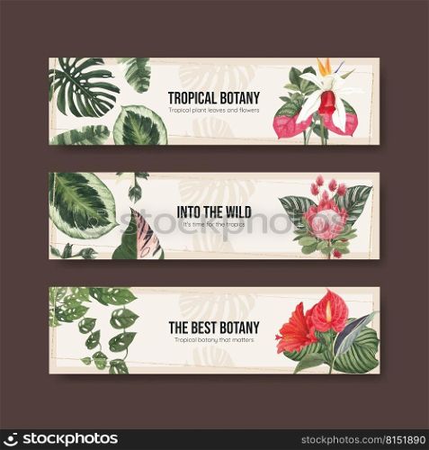 Banner template with tropical botany concept, watercolor style 
