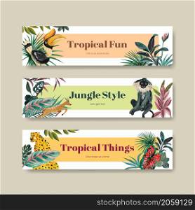 Banner template with tropical contemporary concept design for advertise and marketing watercolor vector illustration
