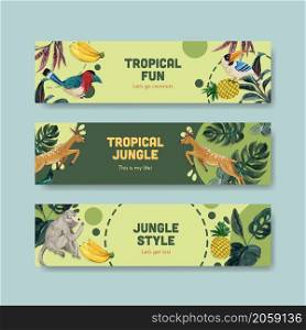 Banner template with tropical contemporary concept design for advertise and marketing watercolor vector illustration
