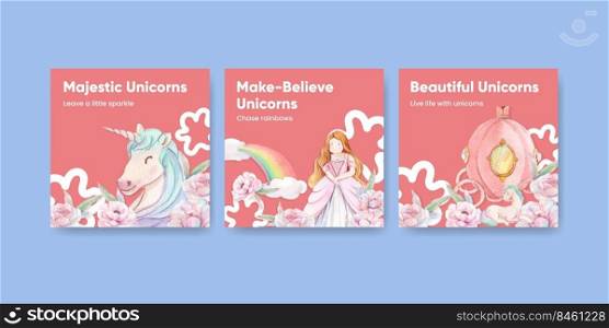 Banner template with unicorn concept,watercolor style 