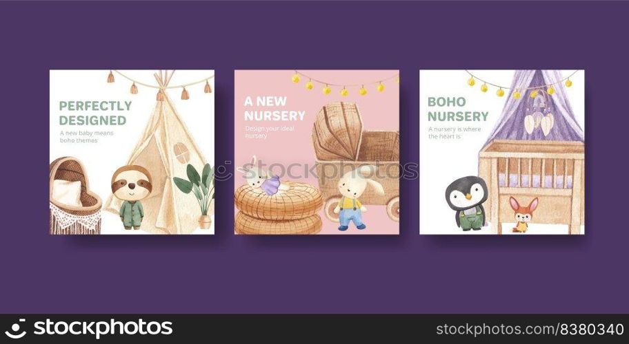 Banner template with very peri boho nursery concept,watercolor style 
