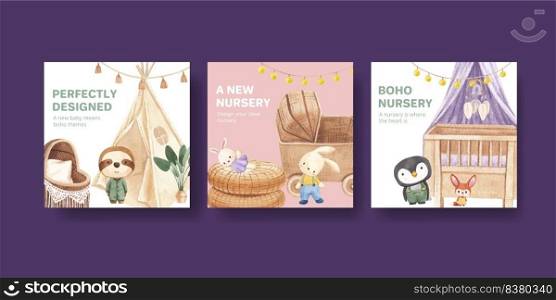 Banner template with very peri boho nursery concept,watercolor style 
