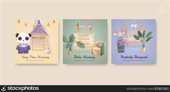 Banner template with very peri boho nursery concept,watercolor style  