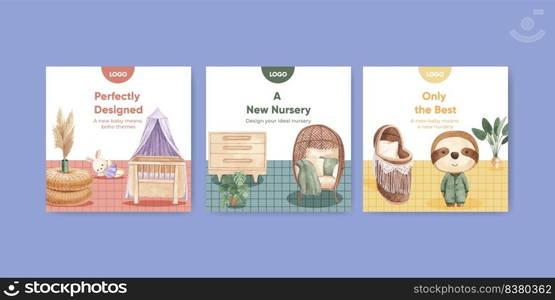 Banner template with very peri boho nursery concept,watercolor style  