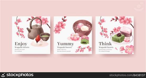 Banner template with wagashi Japanese dessert concept,watercolor style 